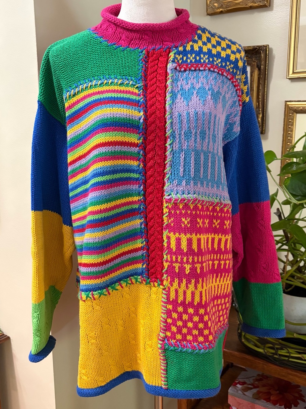 Truly Vintage LizWear SzMed Bright Patchwork roll neck Sweater